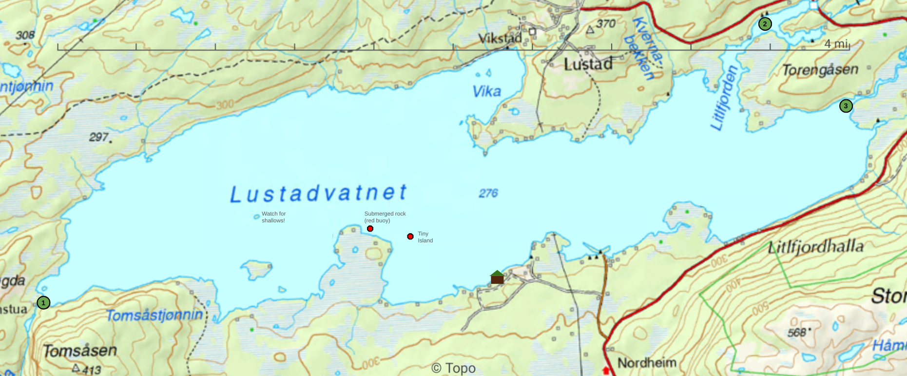 Lustadvatnet map showing rocks & points of interest.